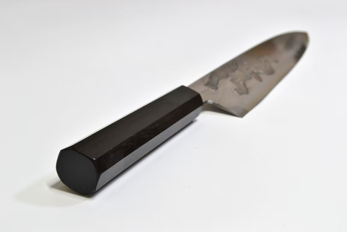 Sakai Takayuki Metal Decorated Engraving by Kubota Elephant Calf Silver Steel No.3 Gyuto 240mm Ebony Wood (ferrule: Black Water Buffalo Horn And Silver Ring) Handle