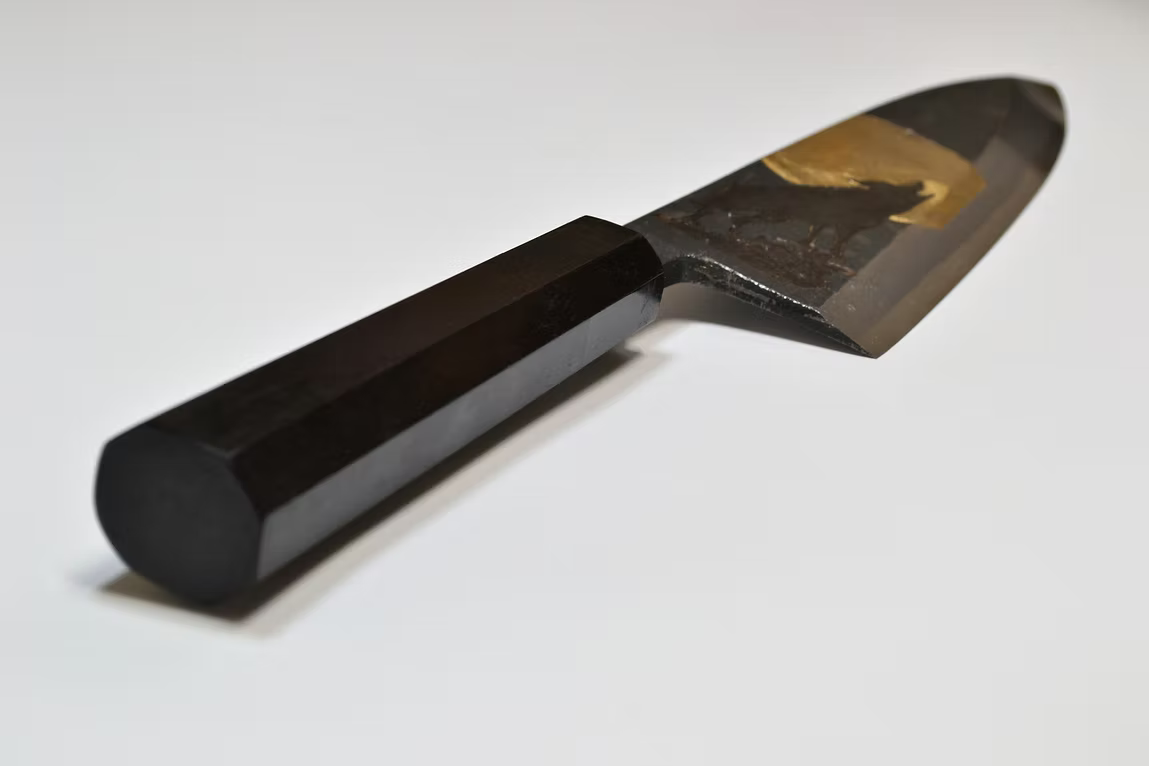 Sakai Takayuki Metal Decorated Engraving by Kubota Howling Wolf White Steel No.2 Black Finished Deba 210mm Ebony Wood (ferrule: Black Water Buffalo Horn And Silver Ring) Handle