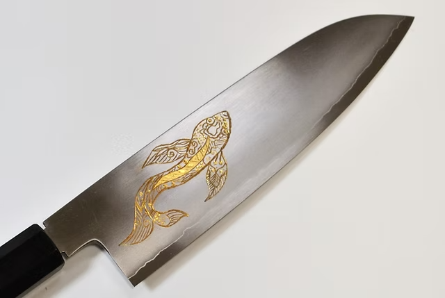 Sakai Takayuki Gold Filled Engraving by Kubota Goldfish Silver Steel No.3 Santoku 180mm Ebony Wood (ferrule: Black Water Buffalo Horn And Silver Ring) Handle