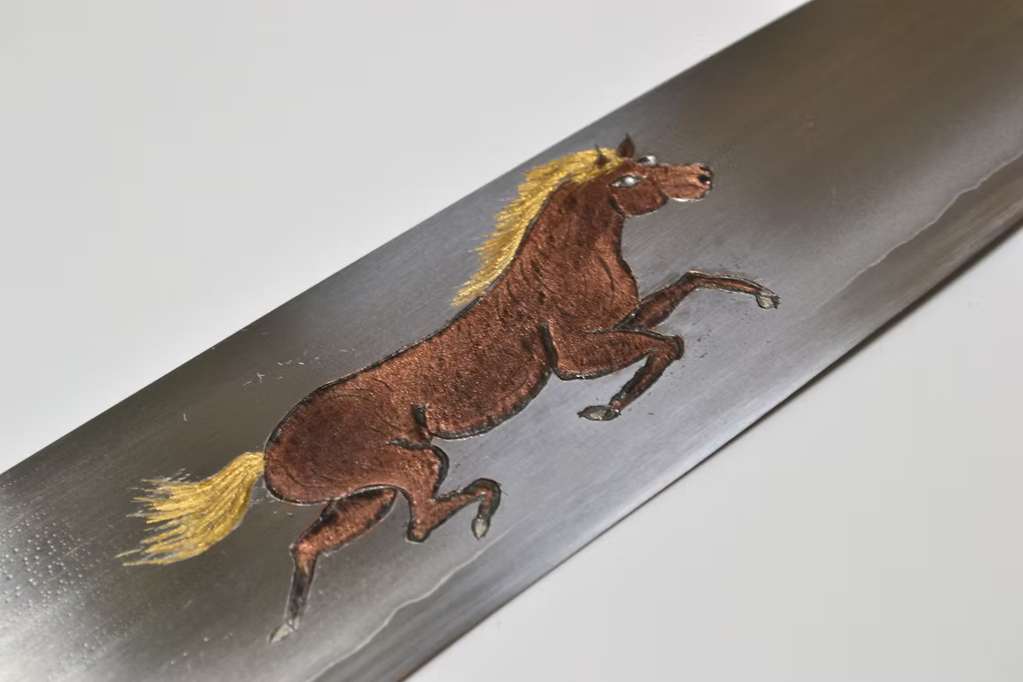Sakai Takayuki Metal Decorated Engraving by Kubota Galloping Horse Silver Steel No.3 Gyuto 210mm Ebony Wood (ferrule: Black Water Buffalo Horn And Silver Ring) Handle
