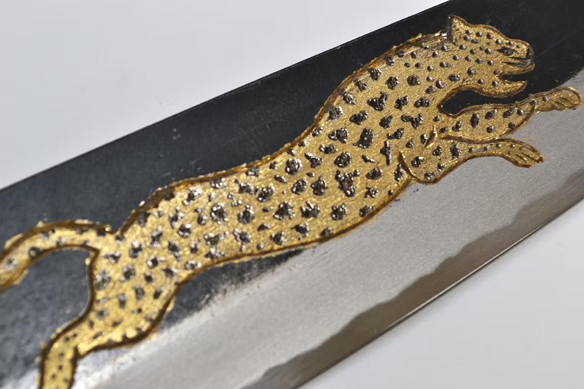 Sakai Takayuki Metal Decorated Engraving by Kubota Dashing Cheetah White Steel No.2 Black Finished Gyuto 210mm Ebony Wood (ferrule: Black Water Buffalo Horn And Silver Ring) Handle