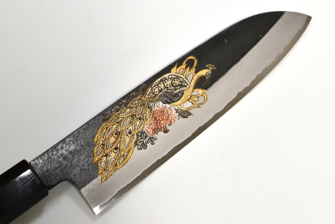 Sakai Takayuki Metal Decorated Engraving by Kubota Peacock White Steel No.2 Black Finished Santoku 180mm Ebony Wood (ferrule: Black Water Buffalo Horn And Silver Ring) Handle