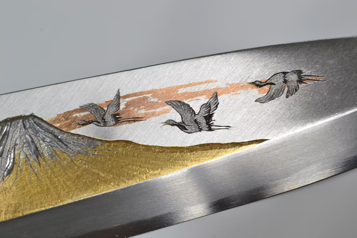 Sakai Takayuki Metal Decorated Engraving by Kubota Mt. Fuji and Cranes White Steel Kasumitogi Deba 240mm Magnolia (Ferrule: Water Buffalo Horn) Handle