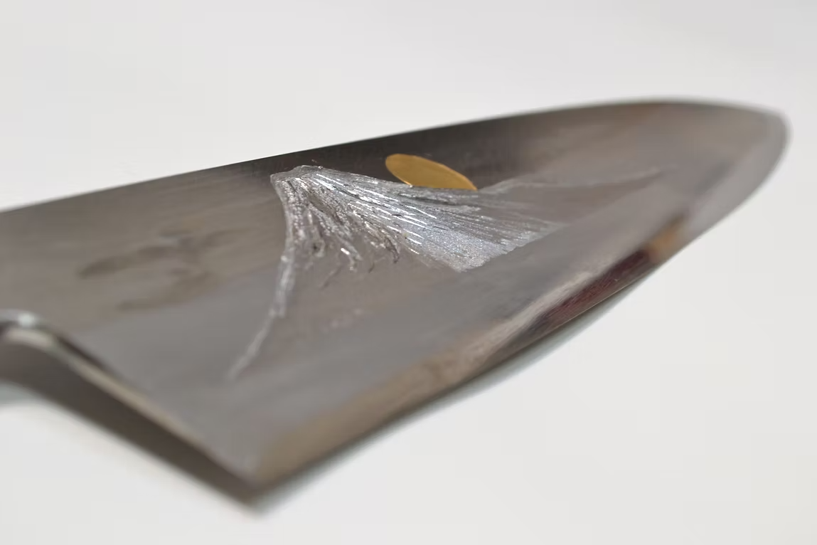 Sakai Takayuki Gold Filled Engraving by Kubota Sunset over Mt. Fuji Blue Steel No.2 Gyuto 240mm Magnolia (Ferrule: Water Buffalo Horn) Handle
