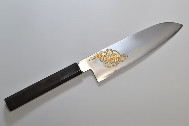 Sakai Takayuki Gold Filled Engraving by Kubota Turtle Silver Steel No.3 Santoku 180mm Ebony Wood (ferrule: Black Water Buffalo Horn And Silver Ring) Handle