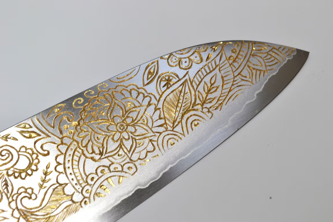 Sakai Takayuki Gold Filled Engraving by Kubota Mandala Silver Steel No.3 Santoku 180mm Ebony Wood (ferrule: Black Water Buffalo Horn And Silver Ring) Handle