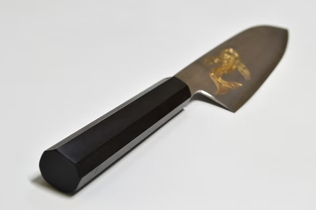 Sakai Takayuki Gold Filled Engraving by Kubota Goldfish Silver Steel No.3 Santoku 180mm Ebony Wood (ferrule: Black Water Buffalo Horn And Silver Ring) Handle