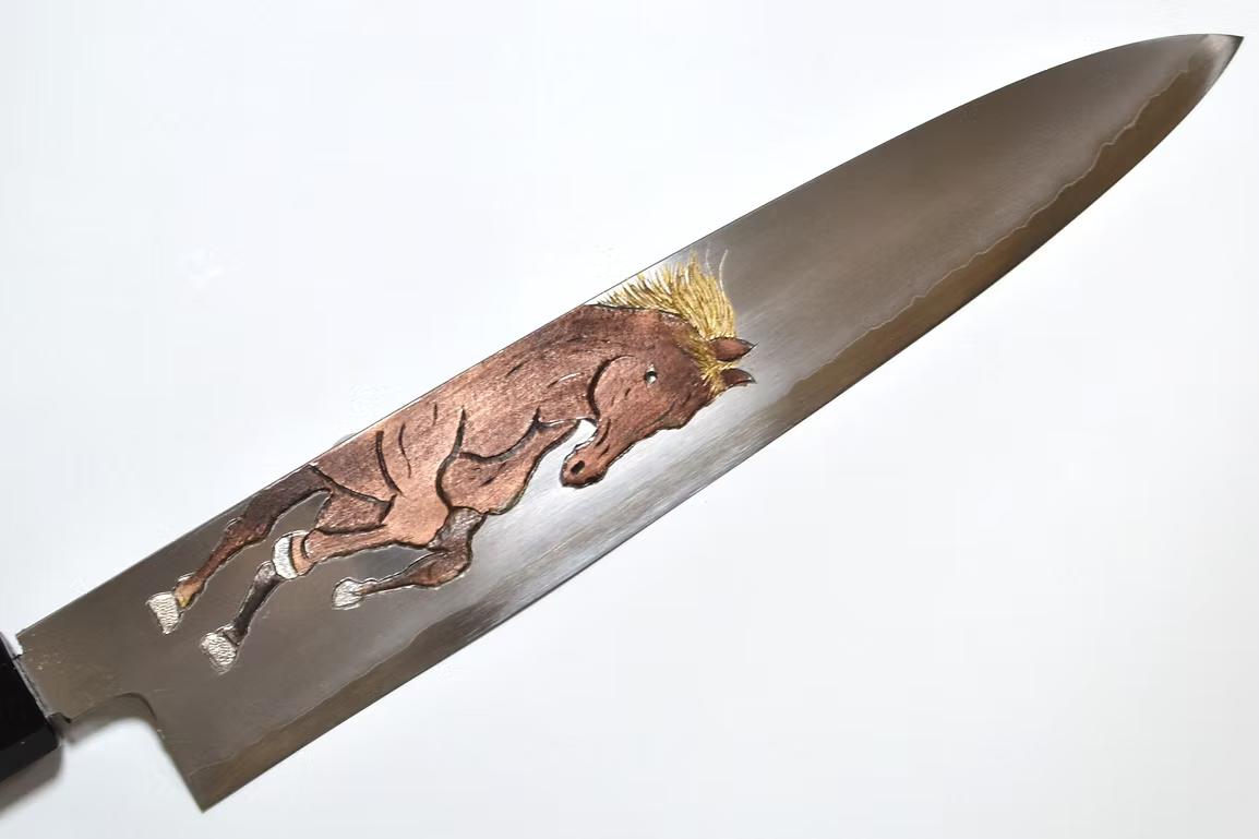 Sakai Takayuki Metal Decorated Engraving by Kubota Prancing Horse Silver Steel No.3 Gyuto 240mm Ebony Wood (ferrule: Black Water Buffalo Horn And Silver Ring) Handle
