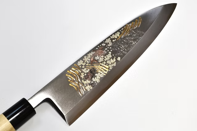 Sakai Takayuki Metal Decorated Engraving by Kubota Ascend of Koi White Steel Kasumitogi Deba 240mm Magnolia (Ferrule: Water Buffalo Horn) Handle
