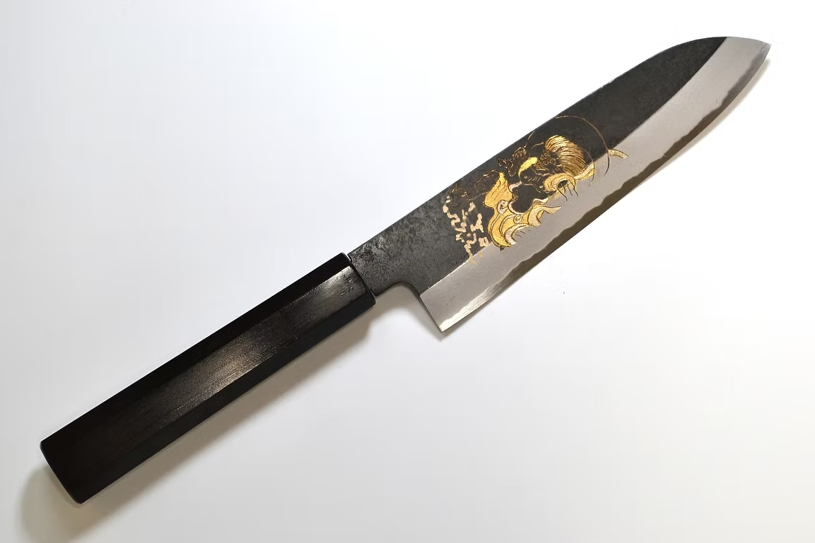 Sakai Takayuki Gold Filled Engraving by Kubota Fūjin White Steel No.2 Black Finished Santoku 180mm Ebony Wood (ferrule: Black Water Buffalo Horn And Silver Ring) Handle