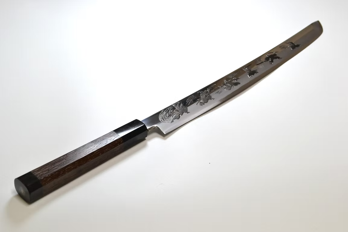 Sakai Takayuki Metal Decorated Engraving by Kubota Bushido Silver Steel No.3 Sakimaru Yanagiba 330mm Wenge (ferrule: Black Buffalo Horn) Handle