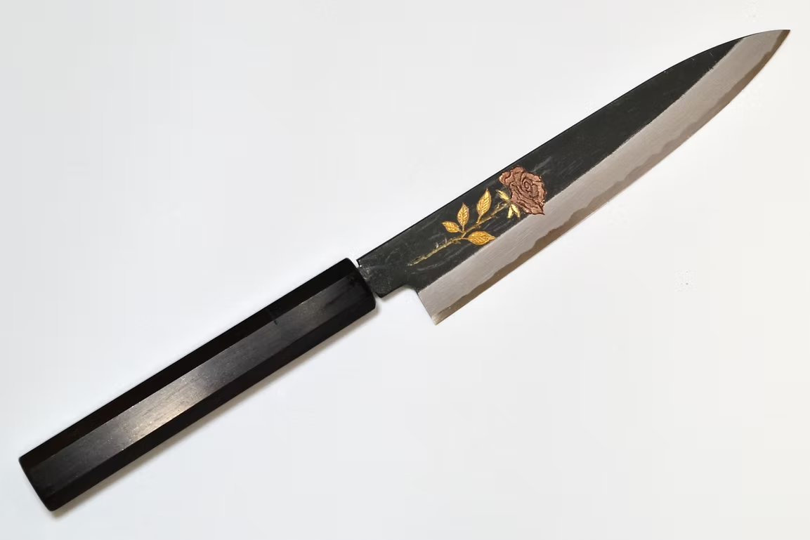 Sakai Takayuki Metal Decorated Engraving by Kubota Rose White Steel No.2 Black Finished Petty-Utility 150mm Ebony Wood (ferrule: Black Water Buffalo Horn And Silver Ring) Handle