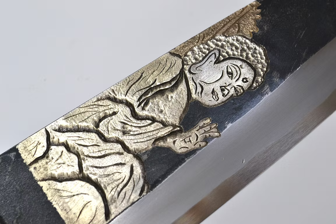 Sakai Takayuki Metal Decorated Engraving by Kubota Buddha White Steel No.2 Black Finished Deba 210mm Ebony Wood (ferrule: Black Water Buffalo Horn And Silver Ring) Handle
