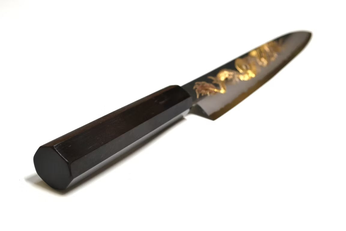 Sakai Takayuki Metal Decorated Engraving by Kubota Ten ryū White Steel No.2 Black Finished Sujihiki 240mm Ebony Wood (ferrule: Black Water Buffalo Horn And Silver Ring) Handle
