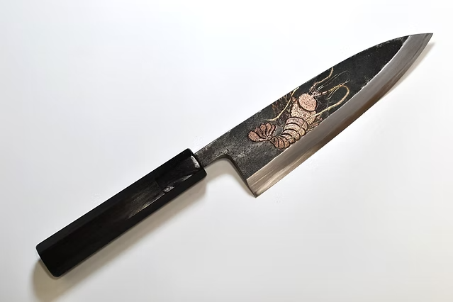 Sakai Takayuki Metal Decorated Engraving by Kubota Lobster White Steel No.2 Black Finished Deba 165mm Ebony Wood (ferrule: Black Water Buffalo Horn And Silver Ring) Handle