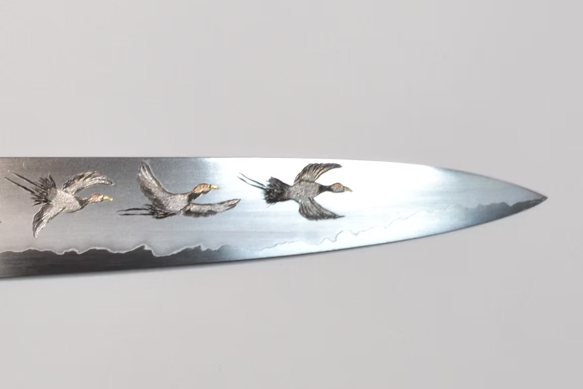Sakai Takayuki Metal Decorated Engraving by Kubota Flock of cranes Silver Steel No.3 Sujihiki 270mm Ebony Wood (ferrule: Black Water Buffalo Horn And Silver Ring) Handle