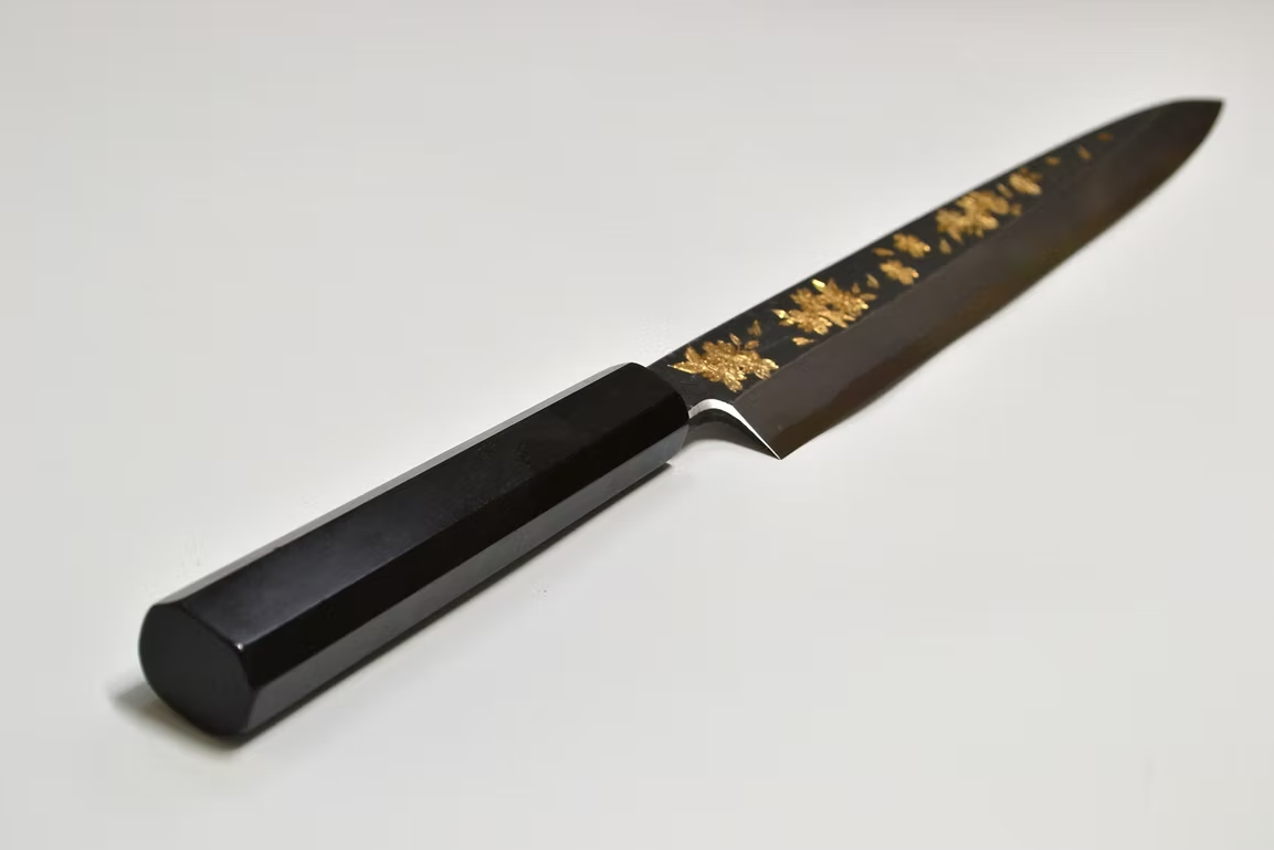 Sakai Takayuki Gold Filled Engraving by Kubota Night Sakura White Steel No.2 Black Finished Yanagiba 270mm Ebony Wood (ferrule: Black Water Buffalo Horn And Silver Ring) Handle