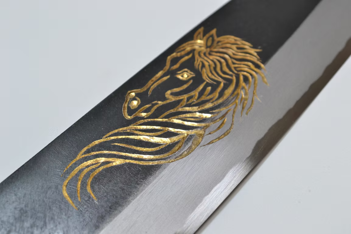 Sakai Takayuki Gold Filled Engraving by Kubota Celestial Horse White Steel No.2 Black Finished Santoku 180mm Ebony Wood (ferrule: Black Water Buffalo Horn And Silver Ring) Handle