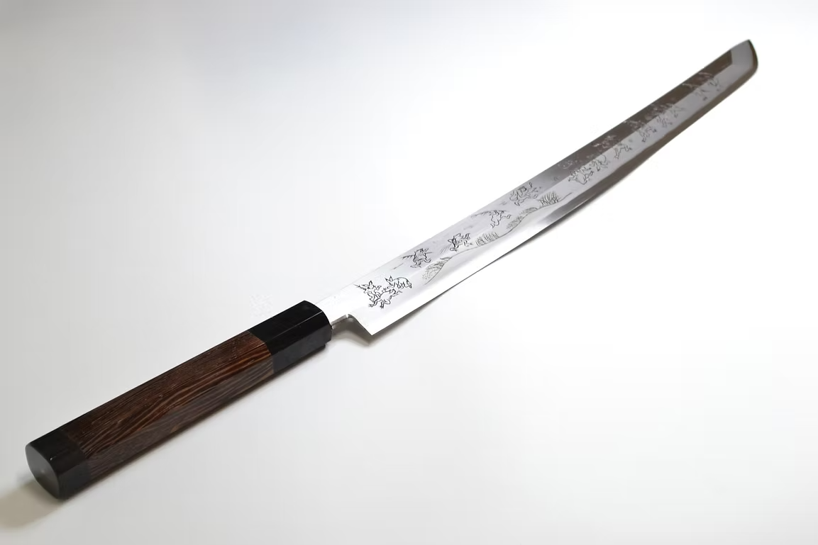 Sakai Takayuki Metal Decorated Engraving by Kubota Chōjū giga Silver Steel No.3 Sakimaru Yanagiba 330mm Wenge (ferrule: Black Buffalo Horn) Handle