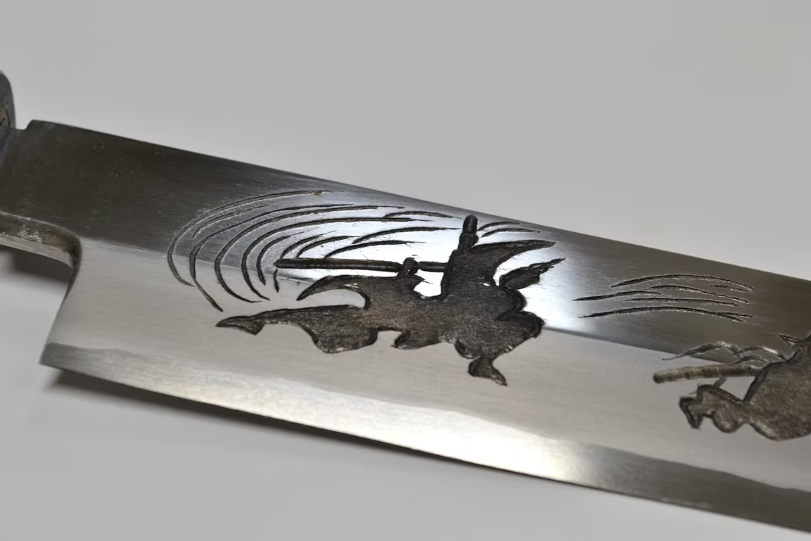 Sakai Takayuki Metal Decorated Engraving by Kubota Bushido Silver Steel No.3 Sakimaru Yanagiba 330mm Wenge (ferrule: Black Buffalo Horn) Handle