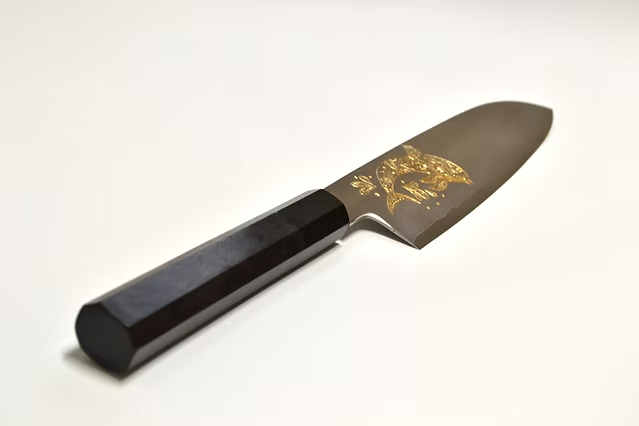 Sakai Takayuki Gold Filled Engraving by Kubota Dolphin Silver Steel No.3 Santoku 180mm Ebony Wood (ferrule: Black Water Buffalo Horn And Silver Ring) Handle