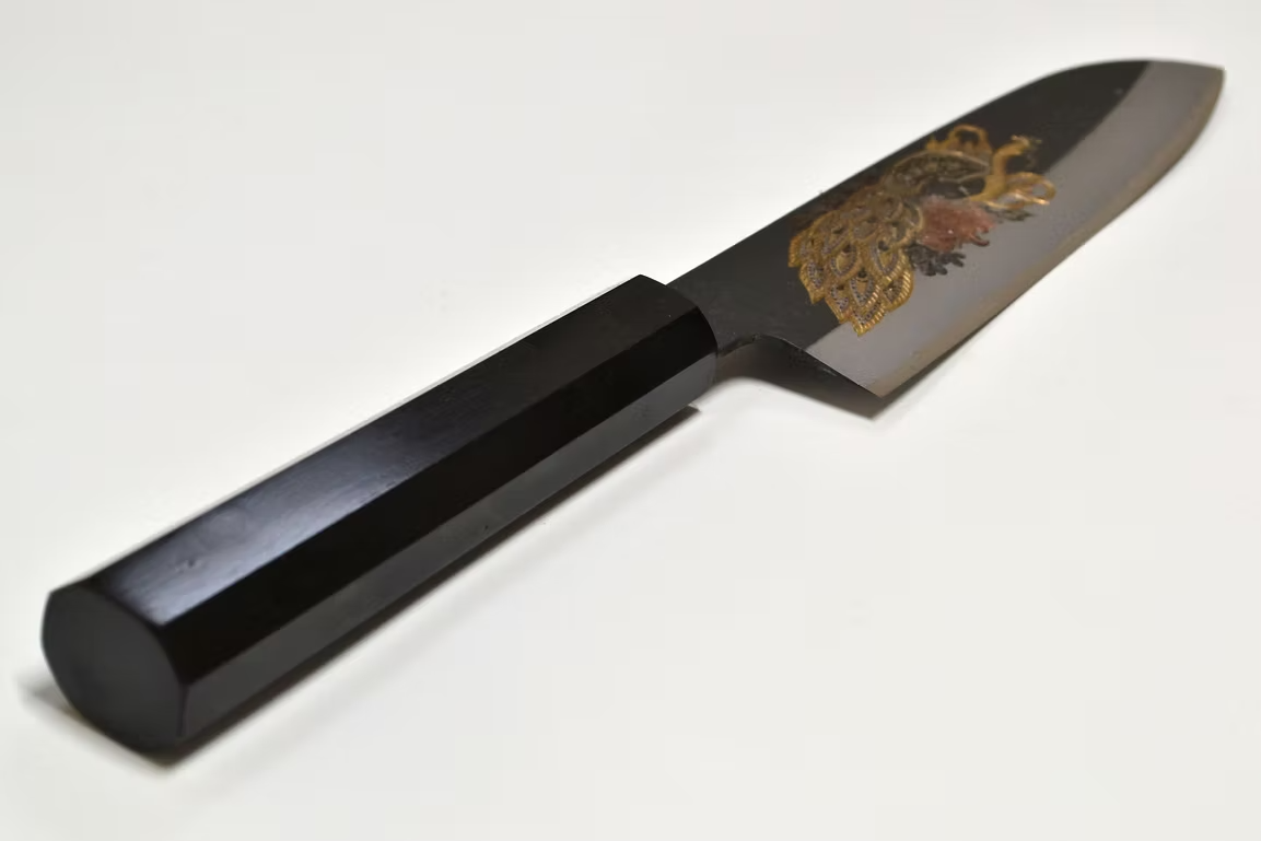 Sakai Takayuki Metal Decorated Engraving by Kubota Peacock White Steel No.2 Black Finished Santoku 180mm Ebony Wood (ferrule: Black Water Buffalo Horn And Silver Ring) Handle