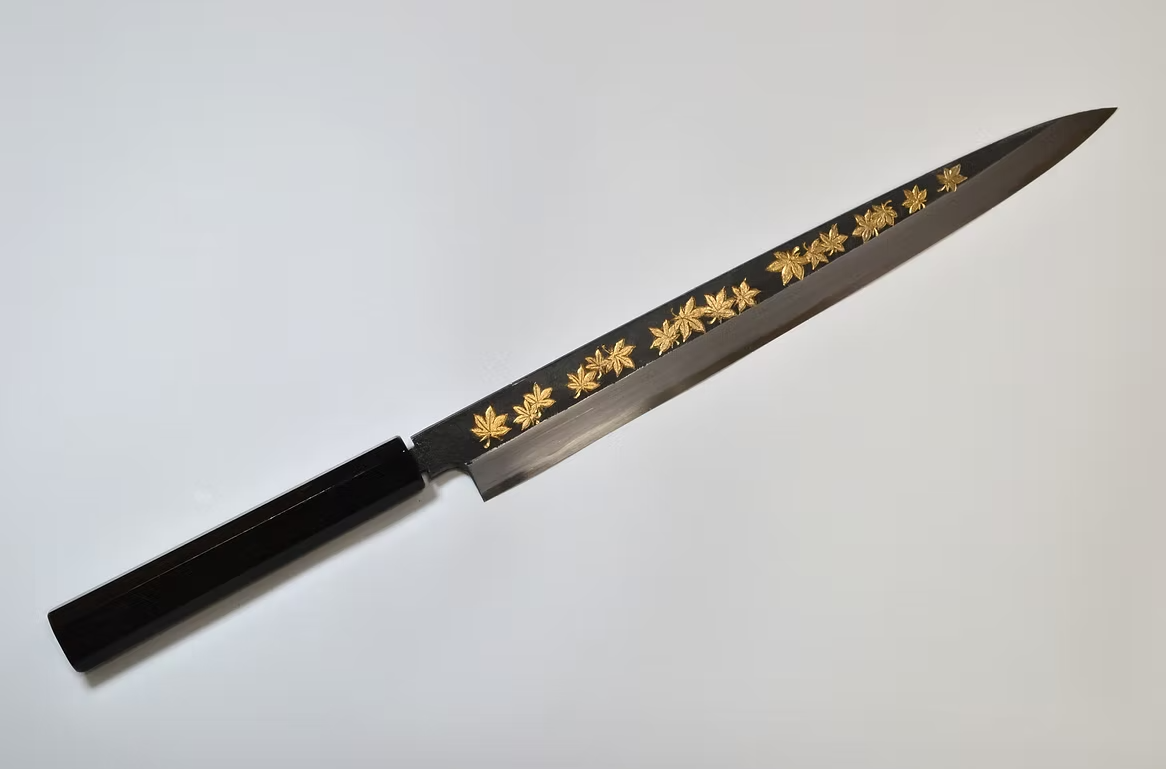 Sakai Takayuki Gold Filled Engraving by Kubota Maple White Steel No.2 Black Finished Yanagiba 270mm Ebony Wood (ferrule: Black Water Buffalo Horn And Silver Ring) Handle
