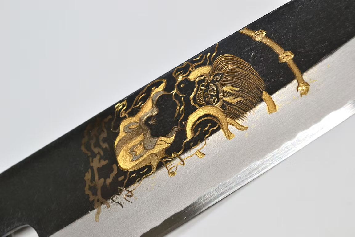 Sakai Takayuki Gold Filled Engraving by Kubota Raijin White Steel No.2 Black Finished Santoku 180mm Ebony Wood (ferrule: Black Water Buffalo Horn And Silver Ring) Handle