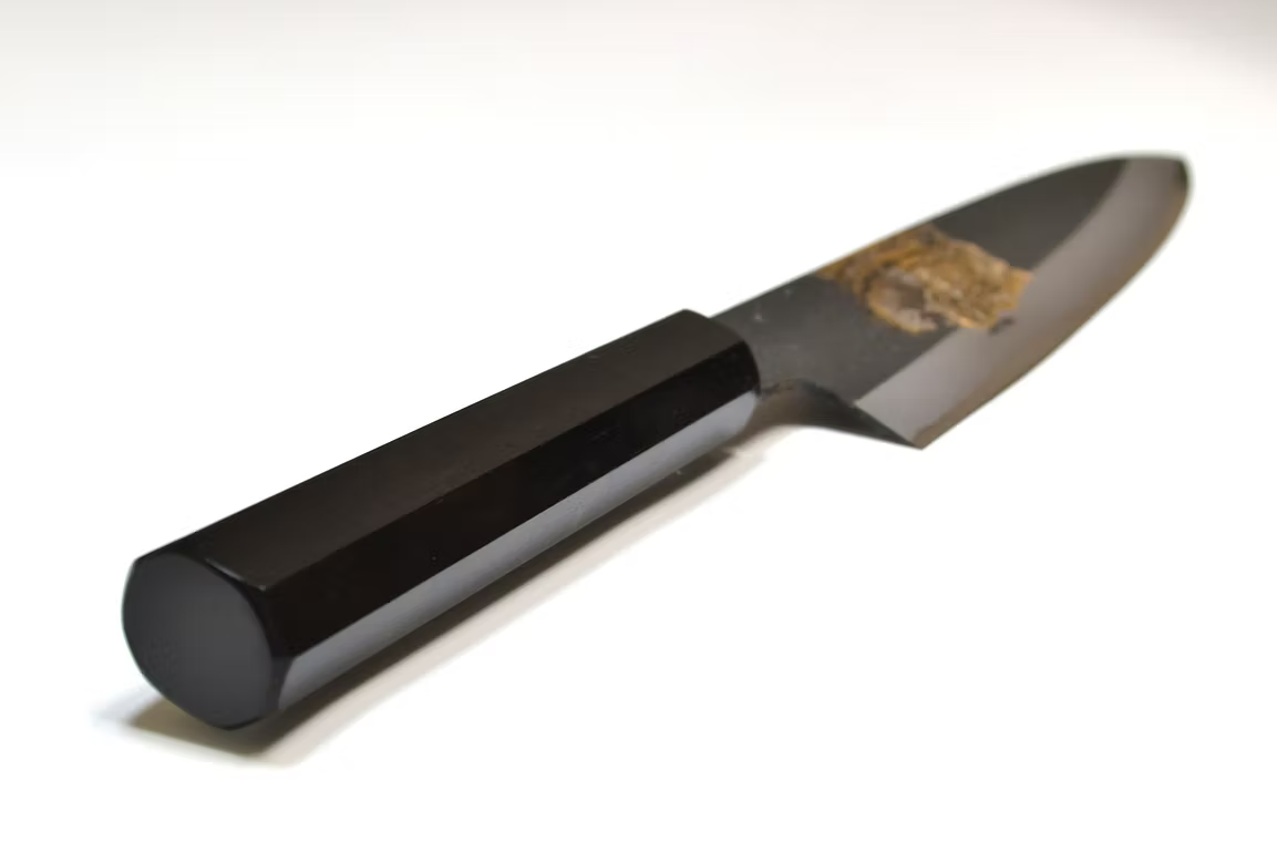 Sakai Takayuki Metal Decorated Engraving by Kubota Tiger’s Roar White Steel No.2 Black Finished Gyuto 210mm Ebony Wood (ferrule: Black Water Buffalo Horn And Silver Ring) Handle