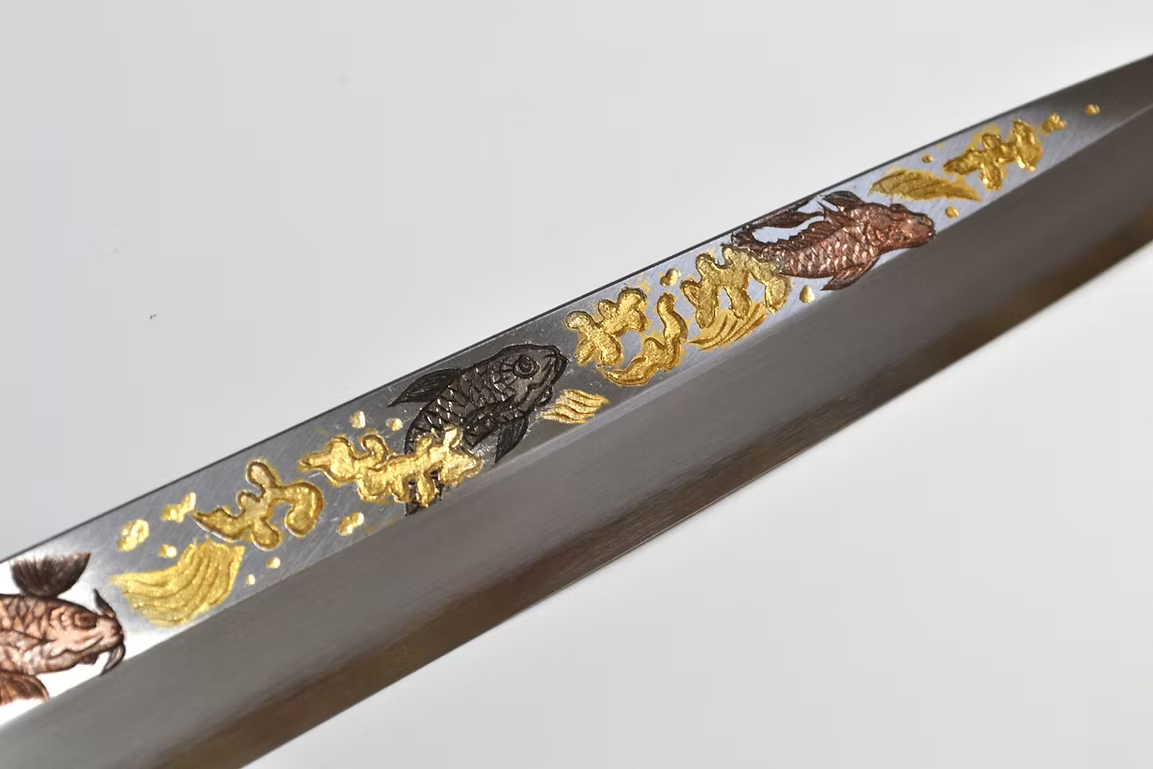 Sakai Takayuki Metal Decorated Engraving by Kubota Dance of Koi White Steel Kasumitogi Yanagiba 270mm Magnolia (Ferrule: Water Buffalo Horn) Handle