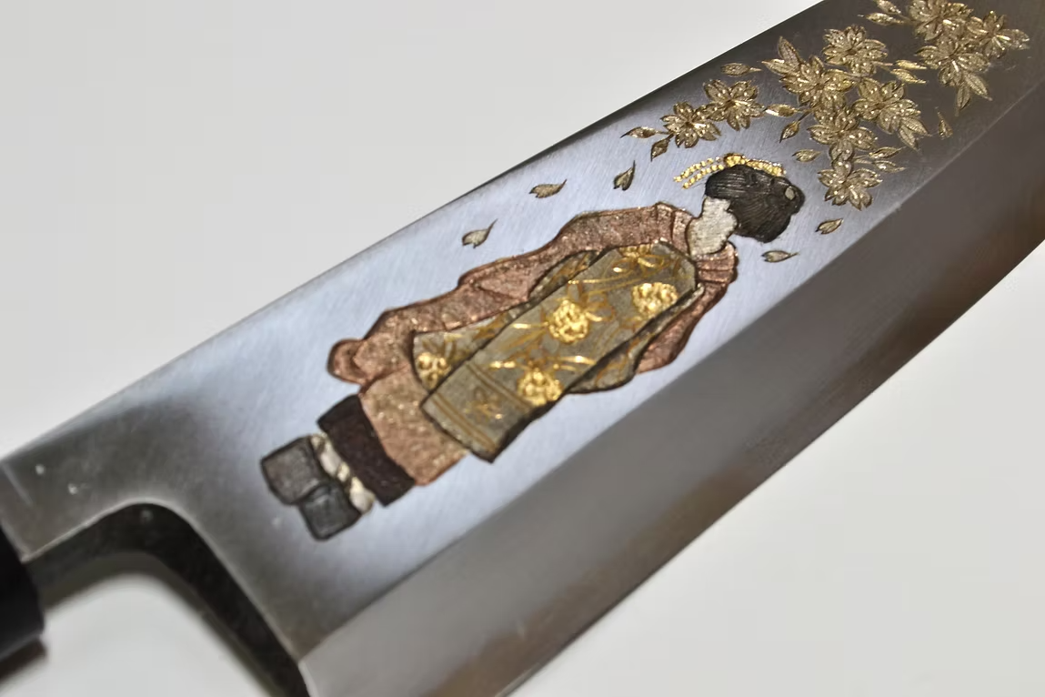 Sakai Takayuki Metal Decorated Engraving by Kubota Maiko and Sakura White Steel Kasumitogi Deba 240mm Magnolia (Ferrule: Water Buffalo Horn) Handle
