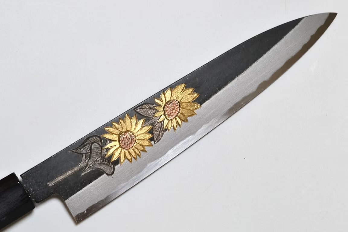 Sakai Takayuki Metal Decorated Engraving by Kubota Sunflower White Steel No.2 Black Finished Petty-Utility 150mm Ebony Wood (ferrule: Black Water Buffalo Horn And Silver Ring) Handle