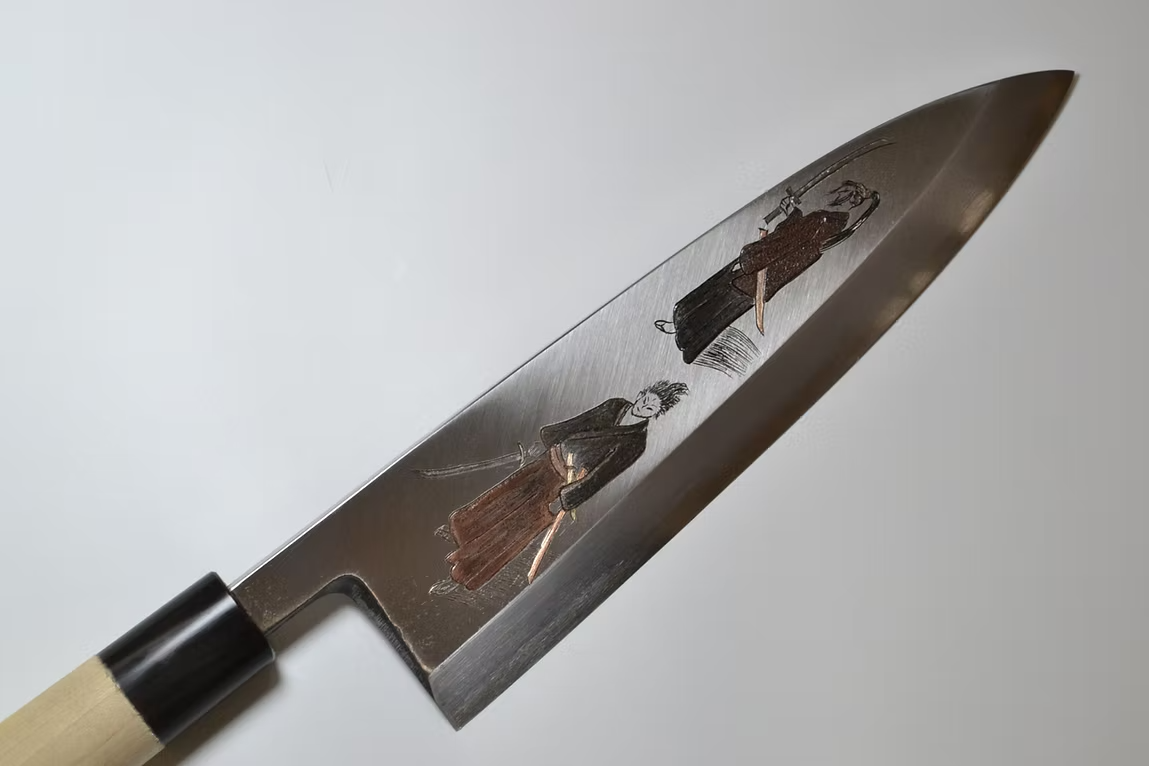 Sakai Takayuki Metal Decorated Engraving by Kubota Musashi and Kojiro White Steel Kasumitogi Deba 240mm Magnolia (Ferrule: Water Buffalo Horn) Handle