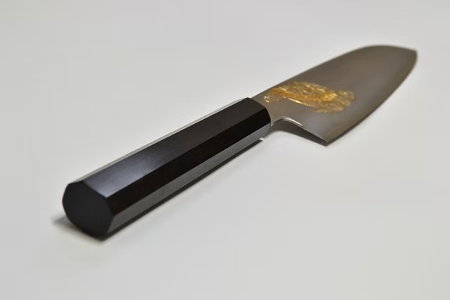 Sakai Takayuki Gold Filled Engraving by Kubota Turtle Silver Steel No.3 Santoku 180mm Ebony Wood (ferrule: Black Water Buffalo Horn And Silver Ring) Handle