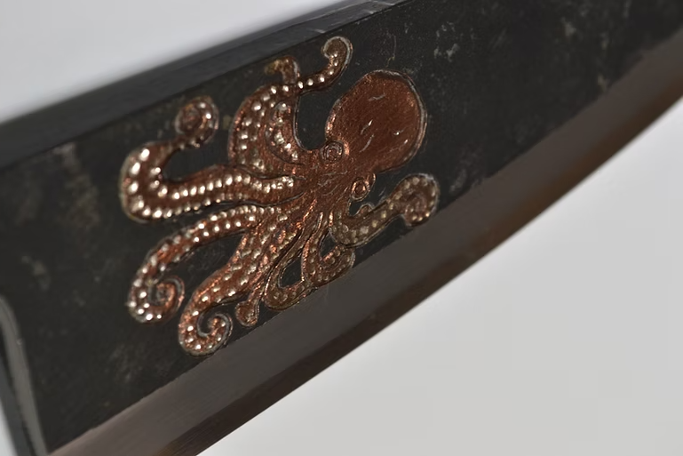 Sakai Takayuki Metal Decorated Engraving by Kubota Octopus White Steel No.2 Black Finished Deba 165mm Ebony Wood (ferrule: Black Water Buffalo Horn And Silver Ring) Handle