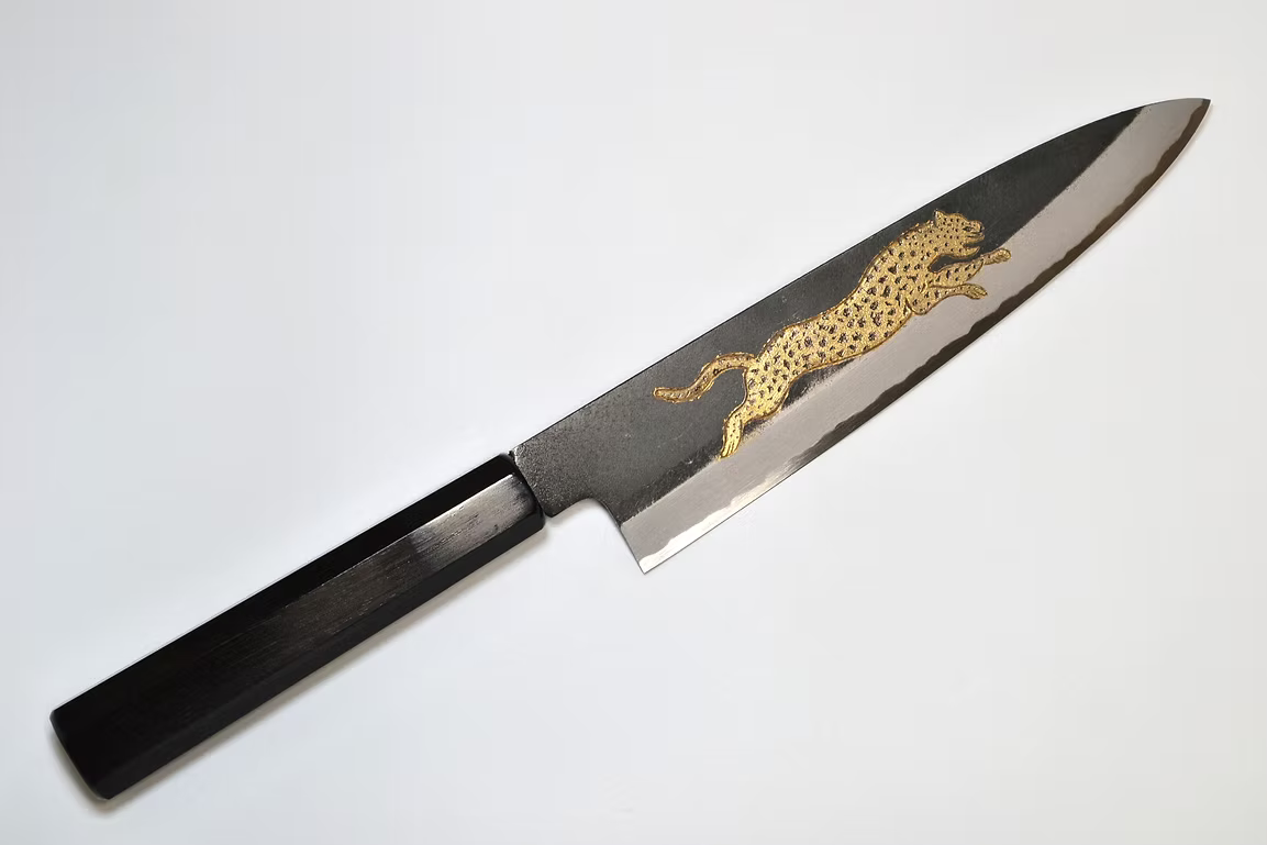 Sakai Takayuki Metal Decorated Engraving by Kubota Dashing Cheetah White Steel No.2 Black Finished Gyuto 210mm Ebony Wood (ferrule: Black Water Buffalo Horn And Silver Ring) Handle
