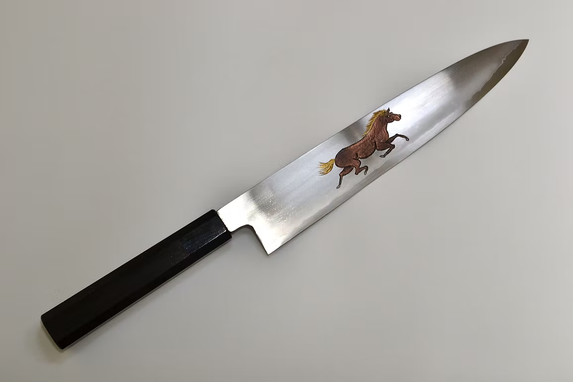 Sakai Takayuki Metal Decorated Engraving by Kubota Galloping Horse Silver Steel No.3 Gyuto 210mm Ebony Wood (ferrule: Black Water Buffalo Horn And Silver Ring) Handle