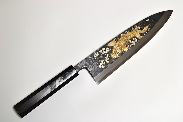 Sakai Takayuki Metal Decorated Engraving by Kubota Sojo no koi White Steel No.2 Black Finished Deba 240mm Ebony Wood (ferrule: Black Water Buffalo Horn And Silver Ring) Handle