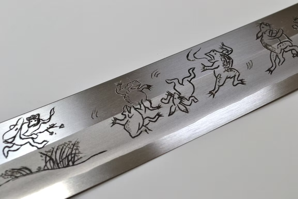 Sakai Takayuki Metal Decorated Engraving by Kubota Chōjū giga Silver Steel No.3 Sakimaru Yanagiba 330mm Wenge (ferrule: Black Buffalo Horn) Handle