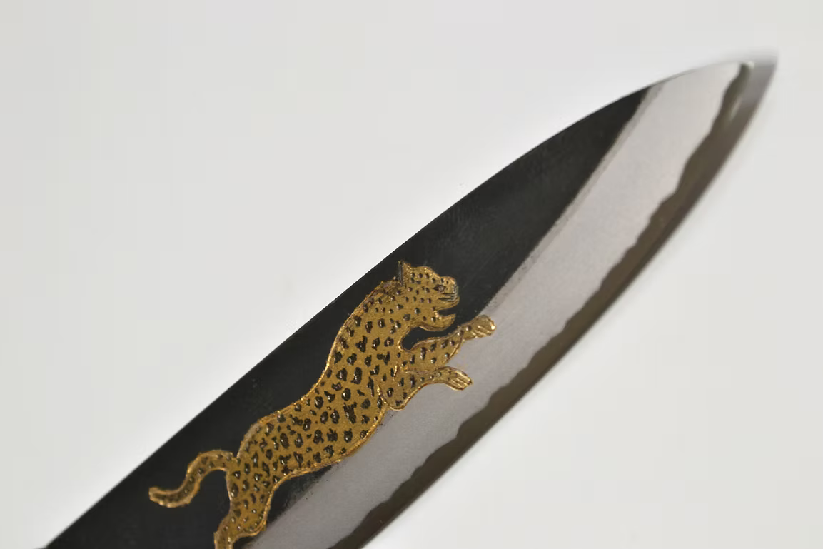 Sakai Takayuki Metal Decorated Engraving by Kubota Dashing Cheetah White Steel No.2 Black Finished Gyuto 210mm Ebony Wood (ferrule: Black Water Buffalo Horn And Silver Ring) Handle