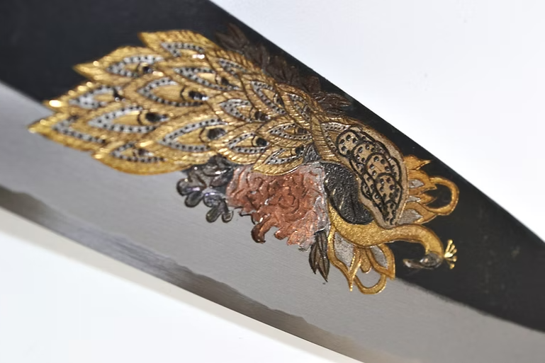 Sakai Takayuki Metal Decorated Engraving by Kubota Peacock White Steel No.2 Black Finished Santoku 180mm Ebony Wood (ferrule: Black Water Buffalo Horn And Silver Ring) Handle