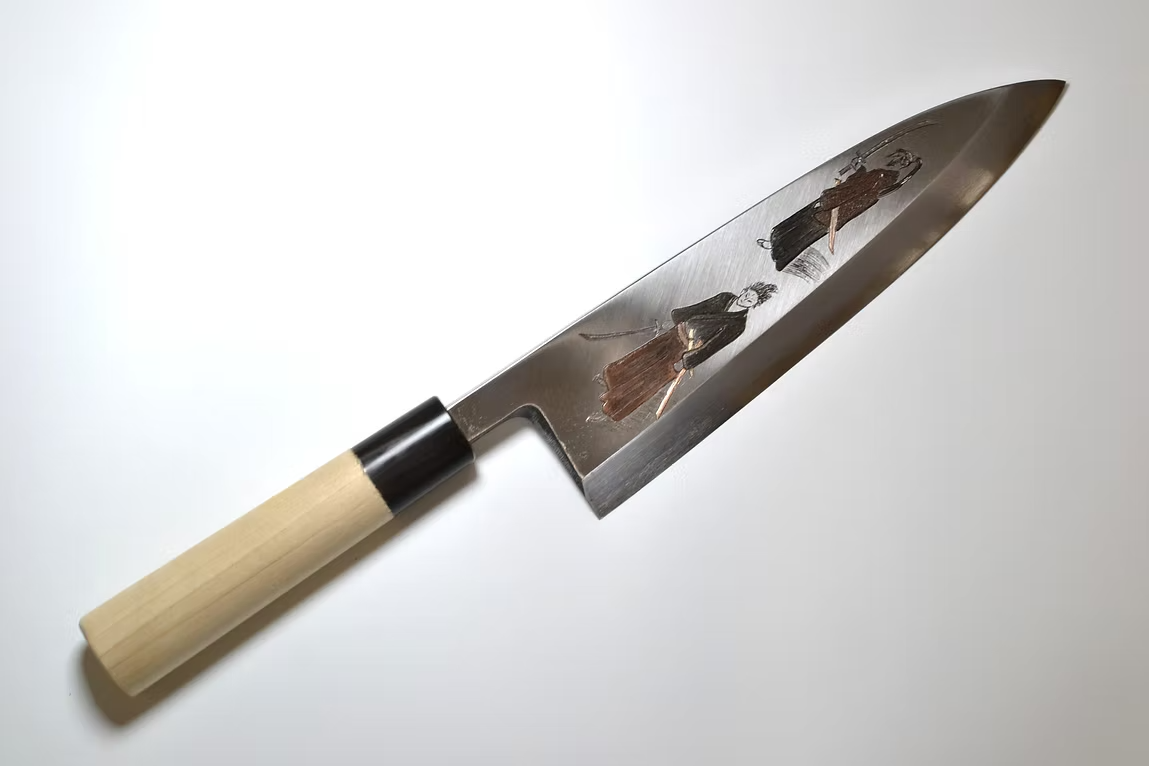 Sakai Takayuki Metal Decorated Engraving by Kubota Musashi and Kojiro White Steel Kasumitogi Deba 240mm Magnolia (Ferrule: Water Buffalo Horn) Handle