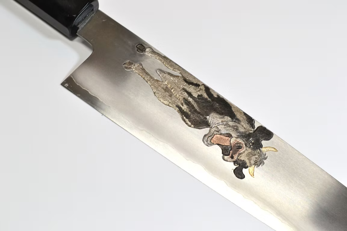 Sakai Takayuki Metal Decorated Engraving by Kubota Dairy Cow Silver Steel No.3 Gyuto 240mm Ebony Wood (ferrule: Black Water Buffalo Horn And Silver Ring) Handle