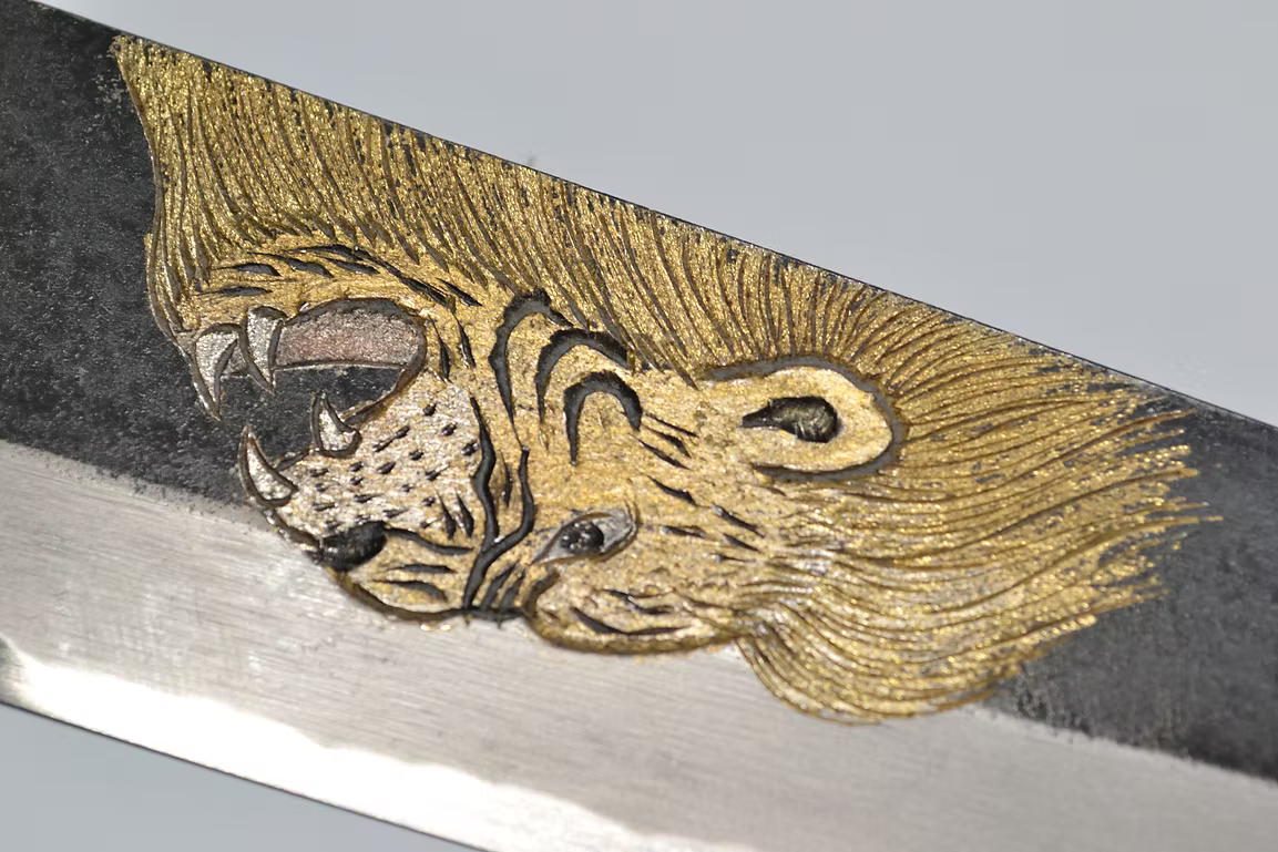 Sakai Takayuki Metal Decorated Engraving by Kubota Lion’s Roar White Steel No.2 Black Finished Gyuto 210mm Ebony Wood (ferrule: Black Water Buffalo Horn And Silver Ring) Handle