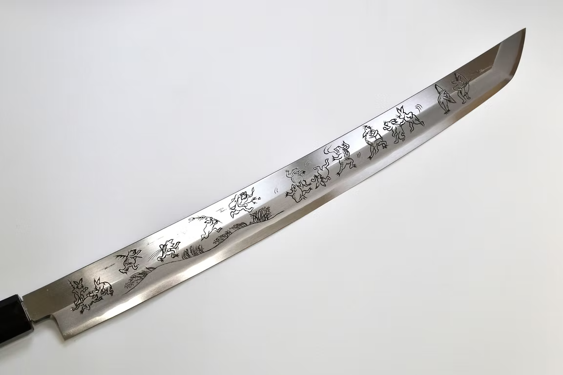 Sakai Takayuki Metal Decorated Engraving by Kubota Chōjū giga Silver Steel No.3 Sakimaru Yanagiba 330mm Wenge (ferrule: Black Buffalo Horn) Handle