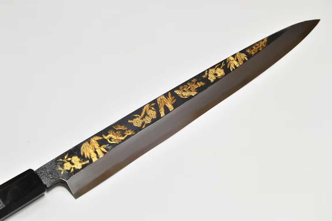Sakai Takayuki Gold Filled Engraving by Kubota Shou Chiku Bai White Steel No.2 Black Finished Yanagiba 270mm Ebony Wood (ferrule: Black Water Buffalo Horn And Silver Ring) Handle