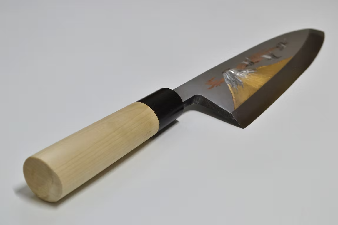 Sakai Takayuki Metal Decorated Engraving by Kubota Mt. Fuji and Cranes White Steel Kasumitogi Deba 240mm Magnolia (Ferrule: Water Buffalo Horn) Handle
