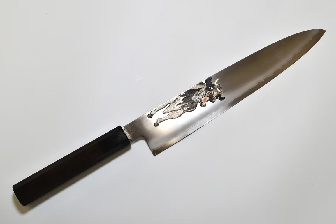 Sakai Takayuki Metal Decorated Engraving by Kubota Dairy Cow Silver Steel No.3 Gyuto 240mm Ebony Wood (ferrule: Black Water Buffalo Horn And Silver Ring) Handle