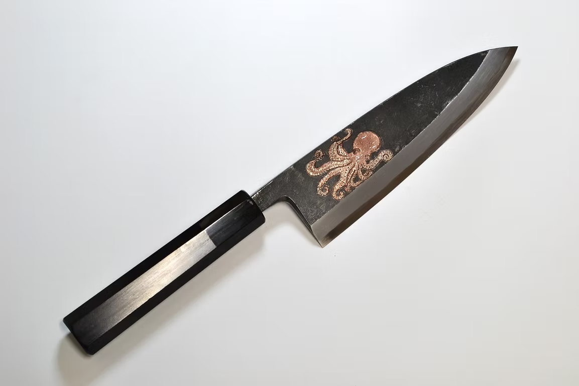 Sakai Takayuki Metal Decorated Engraving by Kubota Octopus White Steel No.2 Black Finished Deba 165mm Ebony Wood (ferrule: Black Water Buffalo Horn And Silver Ring) Handle