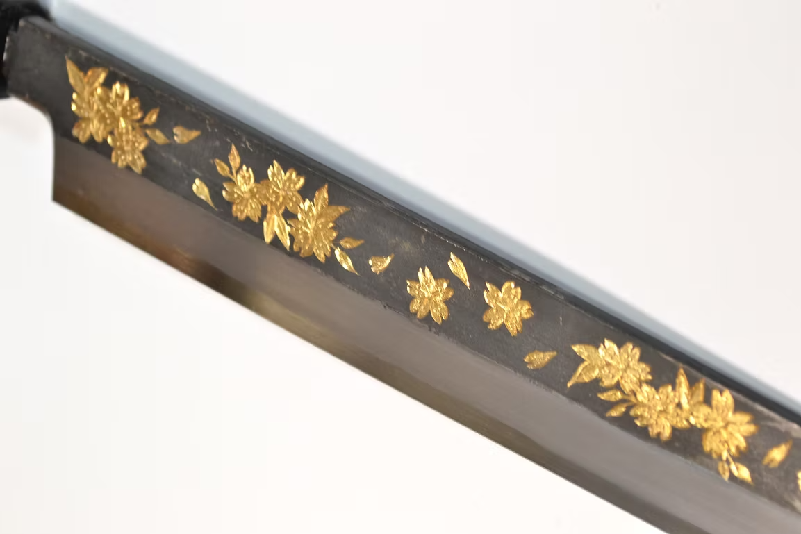 Sakai Takayuki Gold Filled Engraving by Kubota Night Sakura White Steel No.2 Black Finished Yanagiba 270mm Ebony Wood (ferrule: Black Water Buffalo Horn And Silver Ring) Handle